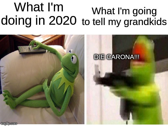 What I'm doing in 2020; What I'm going to tell my grandkids; DIE CARONA!!! | image tagged in 2020,quarantine,kermit | made w/ Imgflip meme maker