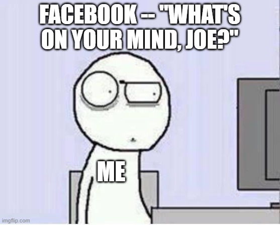 What's on your mind? | FACEBOOK -- "WHAT'S ON YOUR MIND, JOE?"; ME | image tagged in shocked guy,facebook | made w/ Imgflip meme maker