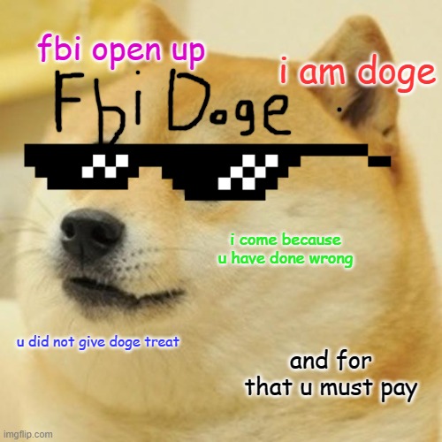 FBI DOGE | fbi open up; i am doge; i come because u have done wrong; u did not give doge treat; and for that u must pay | image tagged in memes,doge | made w/ Imgflip meme maker