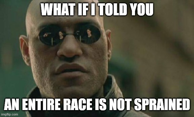 Matrix Morpheus Meme | WHAT IF I TOLD YOU AN ENTIRE RACE IS NOT SPRAINED | image tagged in memes,matrix morpheus | made w/ Imgflip meme maker