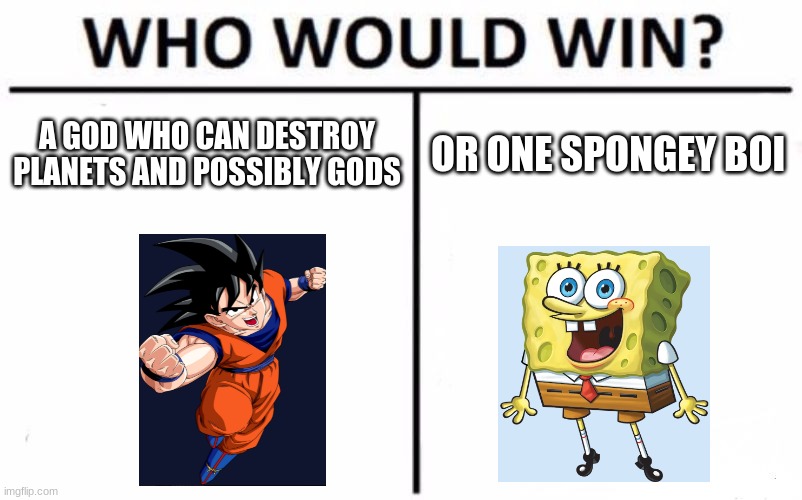 Who would win? | A GOD WHO CAN DESTROY PLANETS AND POSSIBLY GODS; OR ONE SPONGEY BOI | image tagged in memes,who would win | made w/ Imgflip meme maker