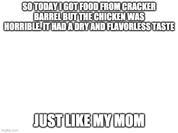 I'm Back With More Sad Roasts | SO TODAY I GOT FOOD FROM CRACKER BARREL BUT THE CHICKEN WAS HORRIBLE. IT HAD A DRY AND FLAVORLESS TASTE; JUST LIKE MY MOM | image tagged in blank white template,roast,i don't know | made w/ Imgflip meme maker