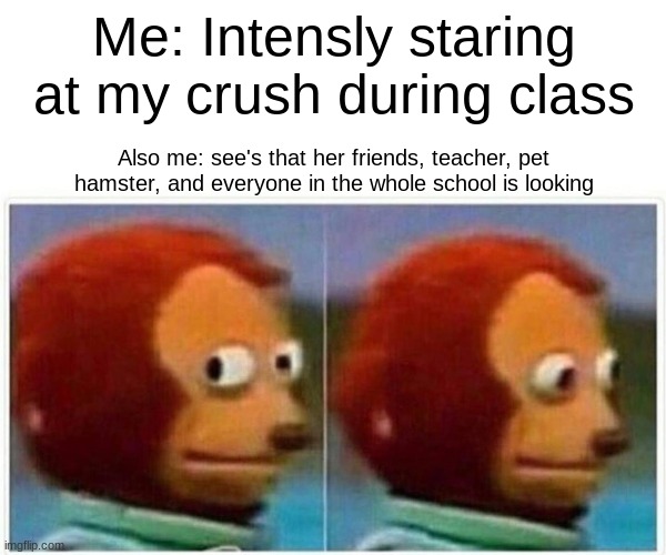 Monkey Puppet Meme | Me: Intensly staring at my crush during class; Also me: see's that her friends, teacher, pet hamster, and everyone in the whole school is looking | image tagged in memes,monkey puppet | made w/ Imgflip meme maker