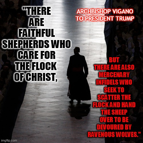 BUT THERE ARE ALSO MERCENARY INFIDELS WHO SEEK TO SCATTER THE FLOCK AND HAND THE SHEEP OVER TO BE DEVOURED BY RAVENOUS WOLVES."; "THERE ARE FAITHFUL SHEPHERDS WHO CARE FOR THE FLOCK 
OF CHRIST, ARCHBISHOP VIGANO
TO PRESIDENT TRUMP | made w/ Imgflip meme maker