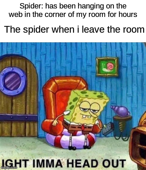 spider | Spider: has been hanging on the web in the corner of my room for hours; The spider when i leave the room | image tagged in memes,spongebob ight imma head out,spider | made w/ Imgflip meme maker