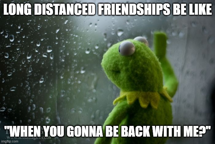kermit window | LONG DISTANCED FRIENDSHIPS BE LIKE; "WHEN YOU GONNA BE BACK WITH ME?" | image tagged in kermit window | made w/ Imgflip meme maker