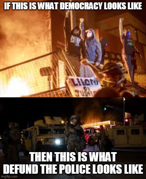 This is what? | IF THIS IS WHAT DEMOCRACY LOOKS LIKE; THEN THIS IS WHAT DEFUND THE POLICE LOOKS LIKE | image tagged in what america looks like | made w/ Imgflip meme maker