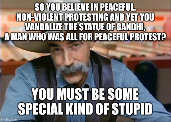 That’s like, protesting about climate change and deforestation BY BURNING DOWN A FOREST! | SO YOU BELIEVE IN PEACEFUL, NON-VIOLENT PROTESTING AND YET YOU VANDALIZE THE STATUE OF GANDHI, A MAN WHO WAS ALL FOR PEACEFUL PROTEST? YOU MUST BE SOME SPECIAL KIND OF STUPID | image tagged in sam elliott special kind of stupid | made w/ Imgflip meme maker