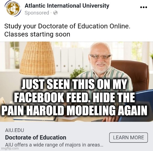 Harold Modeling | JUST SEEN THIS ON MY FACEBOOK FEED. HIDE THE PAIN HAROLD MODELING AGAIN | image tagged in meme,hide the pain harold,model,facebook | made w/ Imgflip meme maker