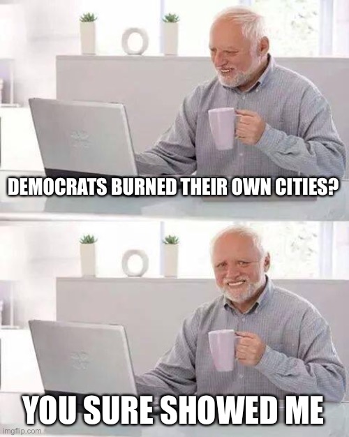 Hide the Pain Harold Meme | DEMOCRATS BURNED THEIR OWN CITIES? YOU SURE SHOWED ME | image tagged in memes,hide the pain harold | made w/ Imgflip meme maker