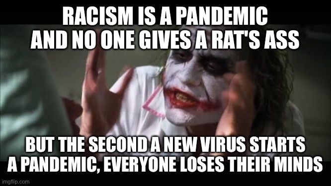 And everybody loses their minds | RACISM IS A PANDEMIC AND NO ONE GIVES A RAT'S ASS; BUT THE SECOND A NEW VIRUS STARTS A PANDEMIC, EVERYONE LOSES THEIR MINDS | image tagged in memes,and everybody loses their minds | made w/ Imgflip meme maker