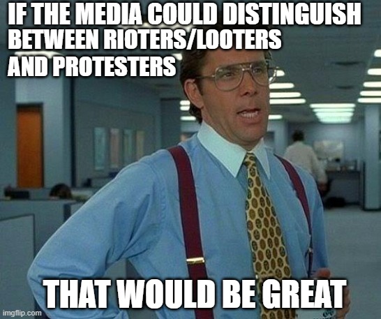 That would be great | IF THE MEDIA COULD DISTINGUISH; BETWEEN RIOTERS/LOOTERS  AND PROTESTERS; THAT WOULD BE GREAT | image tagged in memes,that would be great | made w/ Imgflip meme maker