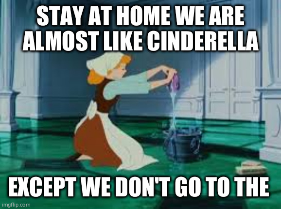 STAY AT HOME WE ARE ALMOST LIKE CINDERELLA; EXCEPT WE DON'T GO TO THE BALL | image tagged in covid-19 | made w/ Imgflip meme maker