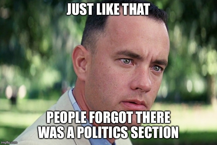 And Just Like That Meme | JUST LIKE THAT PEOPLE FORGOT THERE WAS A POLITICS SECTION | image tagged in memes,and just like that | made w/ Imgflip meme maker