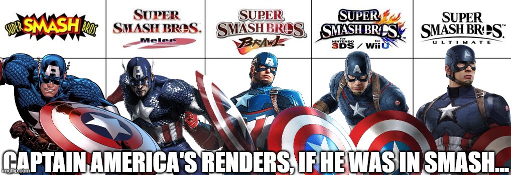 Captain America's renders! | CAPTAIN AMERICA'S RENDERS, IF HE WAS IN SMASH... | image tagged in smash bros renders,super smash bros,captain america,marvel,marvel comics | made w/ Imgflip meme maker