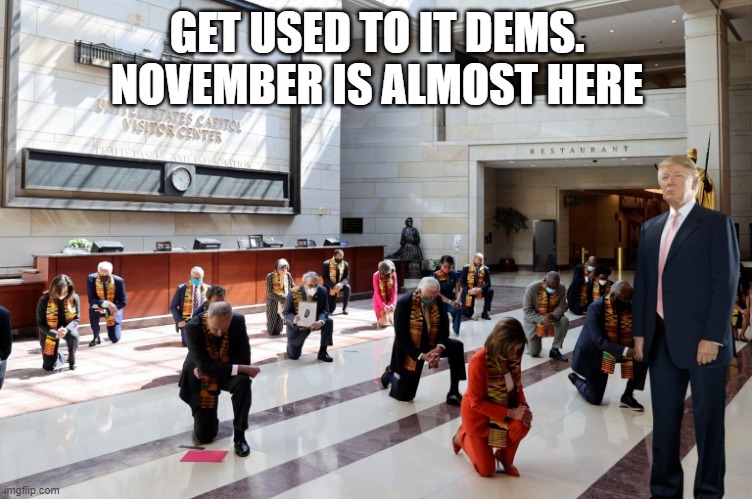 Get used to it Dems | GET USED TO IT DEMS. NOVEMBER IS ALMOST HERE | image tagged in trump 2020,dems,dem losers,blm,kneeling,donald trump | made w/ Imgflip meme maker