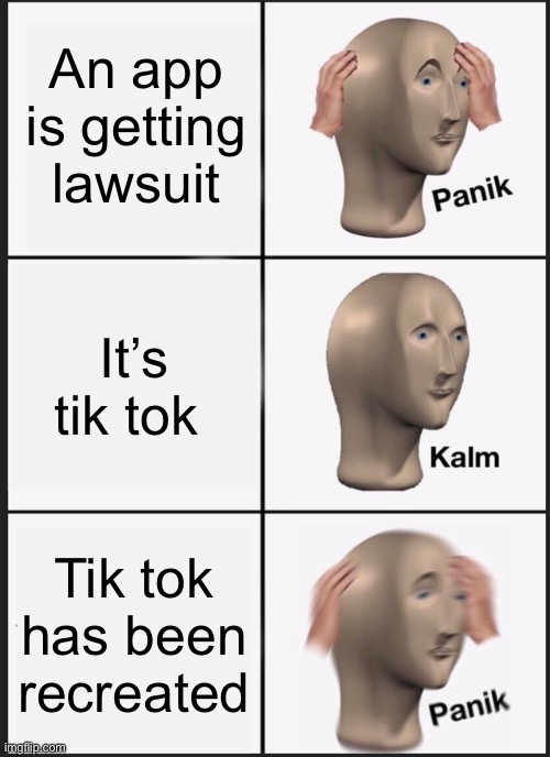 Lawsuit tik tok again | An app is getting lawsuit; It’s tik tok; Tik tok has been recreated | image tagged in memes,panik kalm panik | made w/ Imgflip meme maker