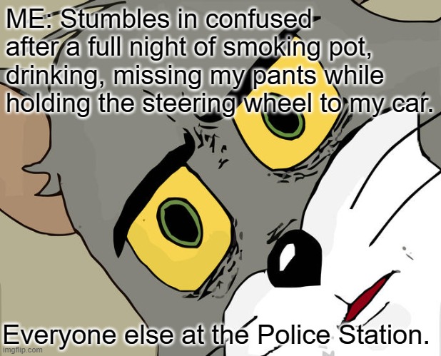 Wrong House, Right Time | ME: Stumbles in confused after a full night of smoking pot, drinking, missing my pants while holding the steering wheel to my car. Everyone else at the Police Station. | image tagged in memes,unsettled tom | made w/ Imgflip meme maker