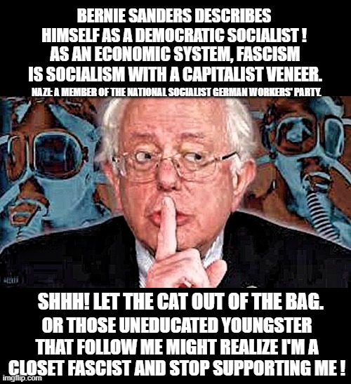 Back in March why was Bernie surprised to see a Nazi flag waved at his political rally, is he as big an idiot as his supporters? | BERNIE SANDERS DESCRIBES HIMSELF AS A DEMOCRATIC SOCIALIST ! AS AN ECONOMIC SYSTEM, FASCISM IS SOCIALISM WITH A CAPITALIST VENEER. NAZI: A MEMBER OF THE NATIONAL SOCIALIST GERMAN WORKERS' PARTY. SHHH! LET THE CAT OUT OF THE BAG. OR THOSE UNEDUCATED YOUNGSTER THAT FOLLOW ME MIGHT REALIZE I'M A CLOSET FASCIST AND STOP SUPPORTING ME ! | image tagged in bernie,antifa,election 2020,liberals vs conservatives,donald trump approves,i don't think it means what you think it means | made w/ Imgflip meme maker