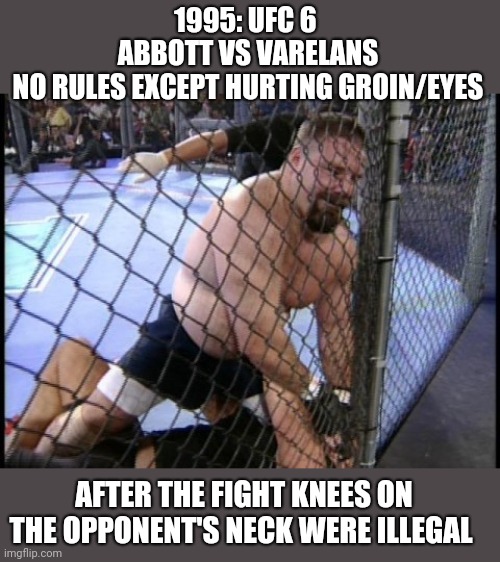 Remember that UFC was almost terminated cause of brutality? | 1995: UFC 6 
ABBOTT VS VARELANS
NO RULES EXCEPT HURTING GROIN/EYES; AFTER THE FIGHT KNEES ON THE OPPONENT'S NECK WERE ILLEGAL | image tagged in memes,ufc | made w/ Imgflip meme maker