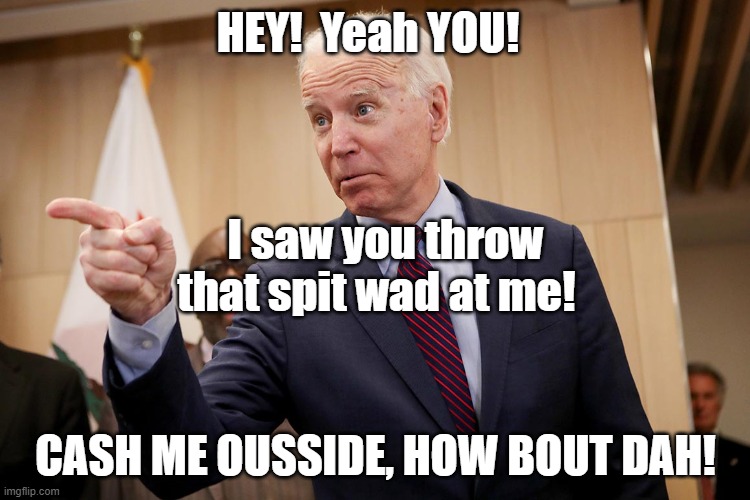 Spitwad the Dorkwad | HEY!  Yeah YOU! I saw you throw that spit wad at me! CASH ME OUSSIDE, HOW BOUT DAH! | image tagged in joe biden,spitwad,trump2020 | made w/ Imgflip meme maker