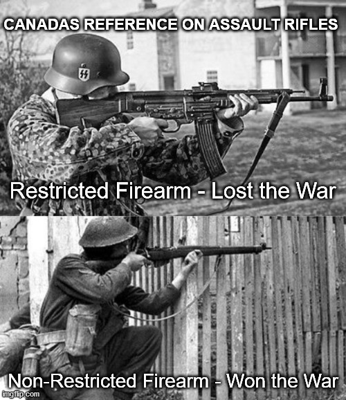 Canadian Gun Owners | CANADAS REFERENCE ON ASSAULT RIFLES; Restricted Firearm - Lost the War; Non-Restricted Firearm - Won the War | image tagged in black rifles,assault rifles | made w/ Imgflip meme maker