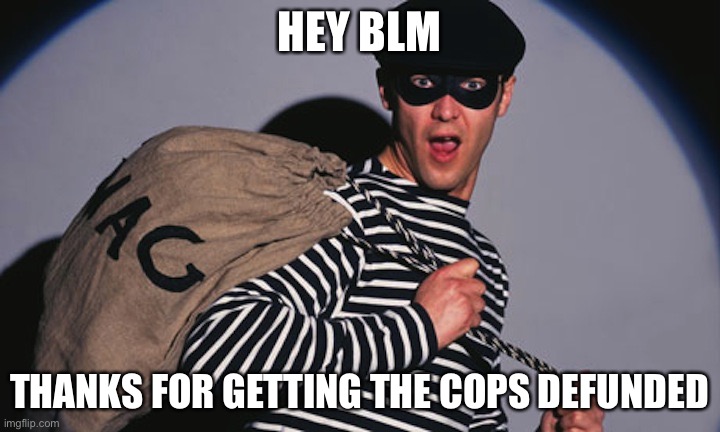 Dayum, combine this with strong gun control... | HEY BLM; THANKS FOR GETTING THE COPS DEFUNDED | image tagged in burgler,black lives matter,defund police,crime,political meme | made w/ Imgflip meme maker