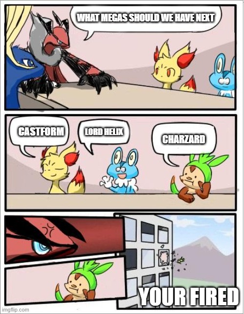Pokemon board meeting | WHAT MEGAS SHOULD WE HAVE NEXT; CASTFORM; LORD HELIX; CHARZARD; YOUR FIRED | image tagged in pokemon board meeting | made w/ Imgflip meme maker