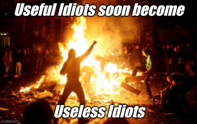 Happens every time. | Useful Idiots soon become; Useless Idiots | image tagged in anarchy riot | made w/ Imgflip meme maker