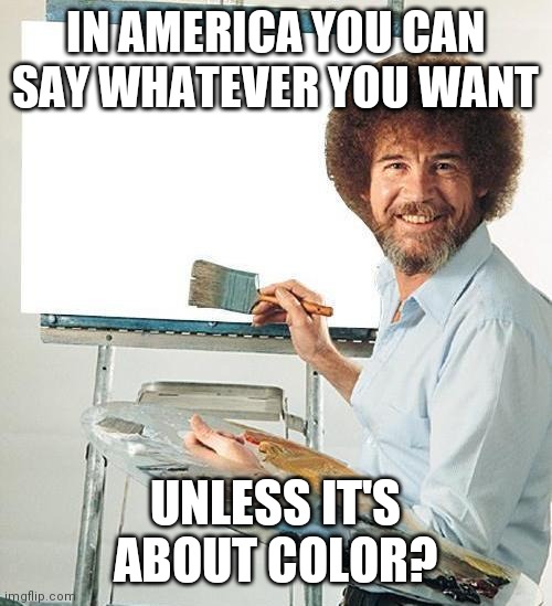 Bob Ross Troll | IN AMERICA YOU CAN SAY WHATEVER YOU WANT; UNLESS IT'S ABOUT COLOR? | image tagged in bob ross troll | made w/ Imgflip meme maker