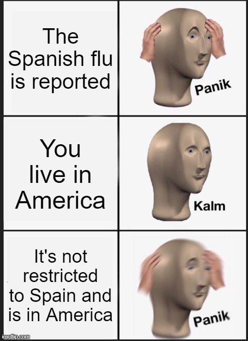That moment | The Spanish flu is reported; You live in America; It's not restricted to Spain and is in America | image tagged in memes,panik kalm panik | made w/ Imgflip meme maker