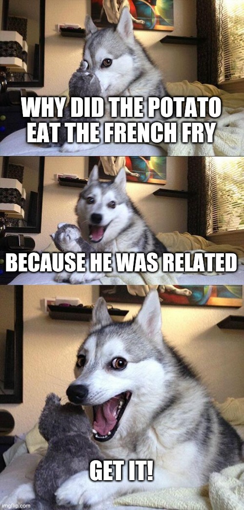 Bad Pun Dog | WHY DID THE POTATO EAT THE FRENCH FRY; BECAUSE HE WAS RELATED; GET IT! | image tagged in memes,bad pun dog | made w/ Imgflip meme maker