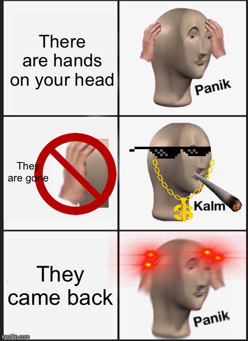 Meme | There are hands on your head; They are gone; They came back | image tagged in memes,panik kalm panik | made w/ Imgflip meme maker