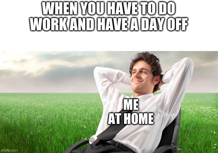 school | WHEN YOU HAVE TO DO WORK AND HAVE A DAY OFF; ME AT HOME | image tagged in school | made w/ Imgflip meme maker