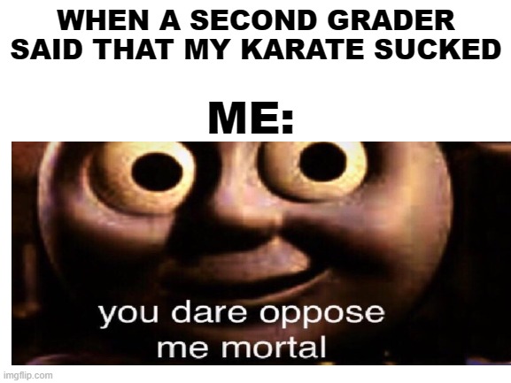 WHEN A SECOND GRADER SAID THAT MY KARATE SUCKED; ME: | image tagged in you dare oppose me mortal | made w/ Imgflip meme maker
