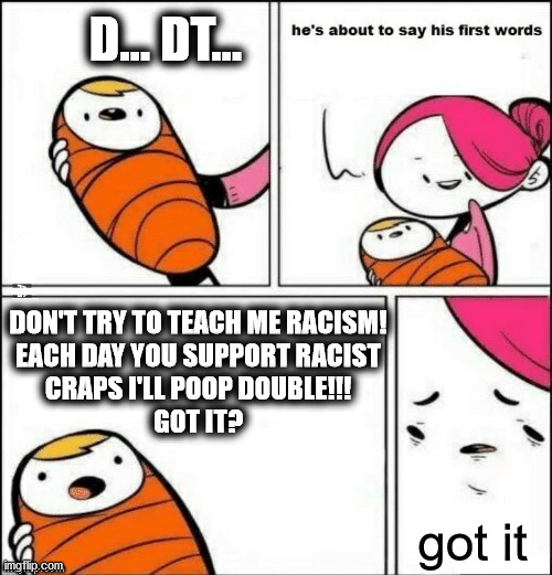 an smart way to fix the universe :) | D... DT... DON'T TRY TO TEACH ME RACISM!
EACH DAY YOU SUPPORT RACIST
CRAPS I'LL POOP DOUBLE!!!
GOT IT? got it | image tagged in baby first words,memes,fun,no racism,poop,lol | made w/ Imgflip meme maker