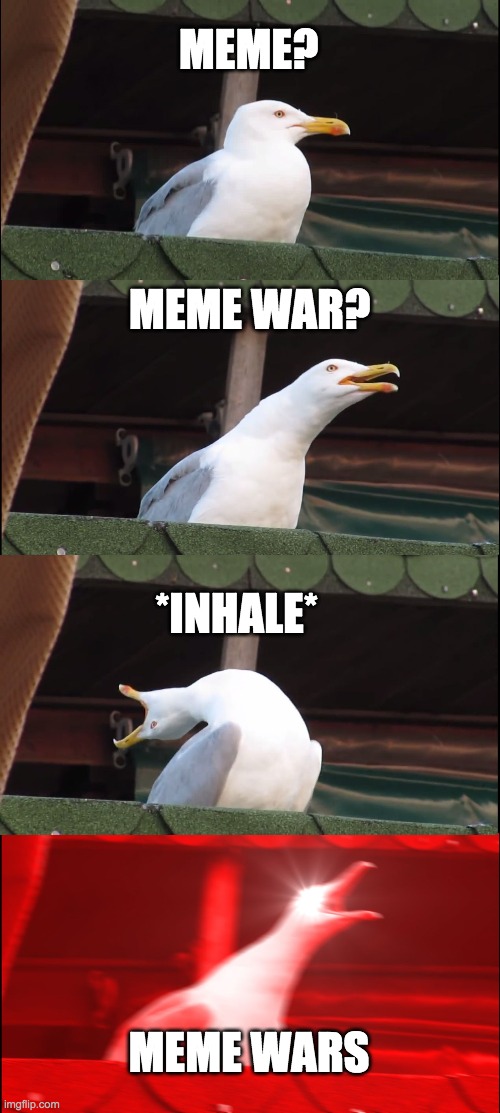 meme wars | MEME? MEME WAR? *INHALE*; MEME WARS | image tagged in memes,inhaling seagull | made w/ Imgflip meme maker