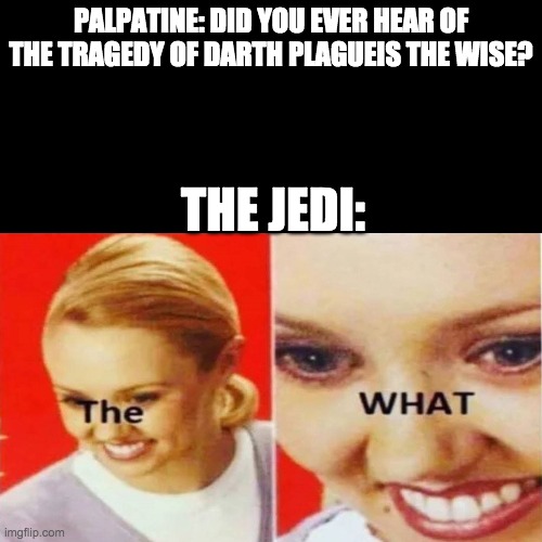 The What | PALPATINE: DID YOU EVER HEAR OF THE TRAGEDY OF DARTH PLAGUEIS THE WISE? THE JEDI: | image tagged in the what | made w/ Imgflip meme maker