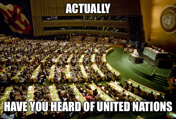 United nations | ACTUALLY HAVE YOU HEARD OF UNITED NATIONS | image tagged in united nations | made w/ Imgflip meme maker