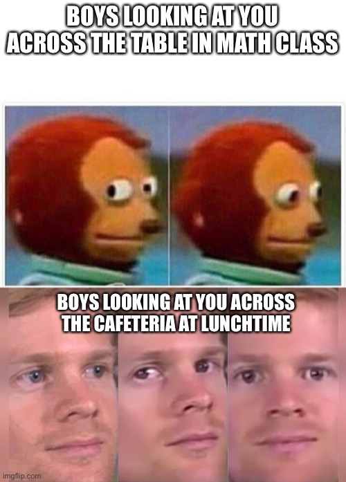 Sad but true | BOYS LOOKING AT YOU ACROSS THE TABLE IN MATH CLASS; BOYS LOOKING AT YOU ACROSS THE CAFETERIA AT LUNCHTIME | image tagged in memes,monkey puppet,fourth wall breaking white guy | made w/ Imgflip meme maker