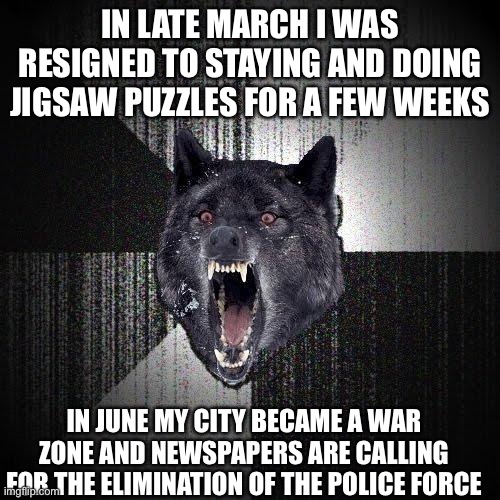 Tense June | IN LATE MARCH I WAS RESIGNED TO STAYING AND DOING JIGSAW PUZZLES FOR A FEW WEEKS; IN JUNE MY CITY BECAME A WAR ZONE AND NEWSPAPERS ARE CALLING FOR THE ELIMINATION OF THE POLICE FORCE | image tagged in memes,insanity wolf | made w/ Imgflip meme maker