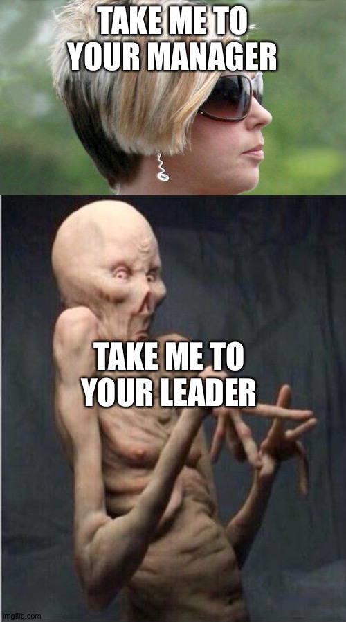  TAKE ME TO YOUR MANAGER; TAKE ME TO YOUR LEADER | image tagged in grossed out alien,karen | made w/ Imgflip meme maker