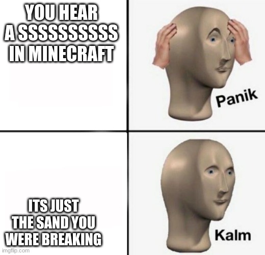 panik kalm | YOU HEAR A SSSSSSSSSS IN MINECRAFT; ITS JUST THE SAND YOU WERE BREAKING | image tagged in panik kalm | made w/ Imgflip meme maker
