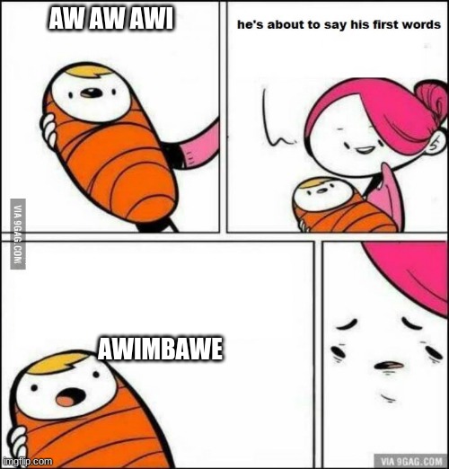 He is About to Say His First Words | AW AW AWI; AWIMBAWE | image tagged in he is about to say his first words | made w/ Imgflip meme maker