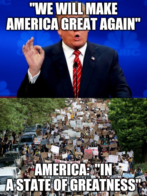 When you say the truth | "WE WILL MAKE AMERICA GREAT AGAIN"; AMERICA:  "IN A STATE OF GREATNESS" | image tagged in donald trump | made w/ Imgflip meme maker