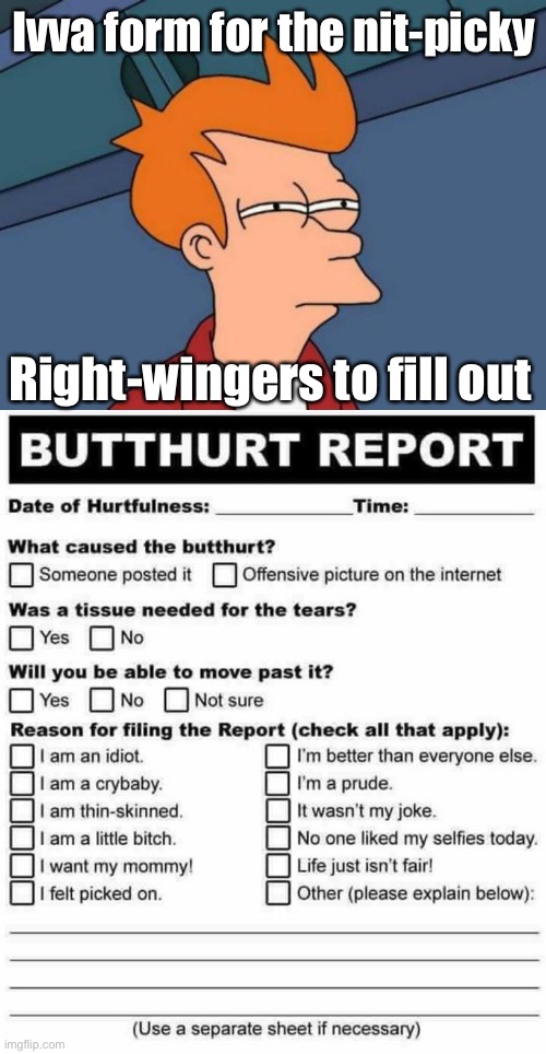Ivva form for the nit-picky Right-wingers to fill out | image tagged in memes,futurama fry | made w/ Imgflip meme maker