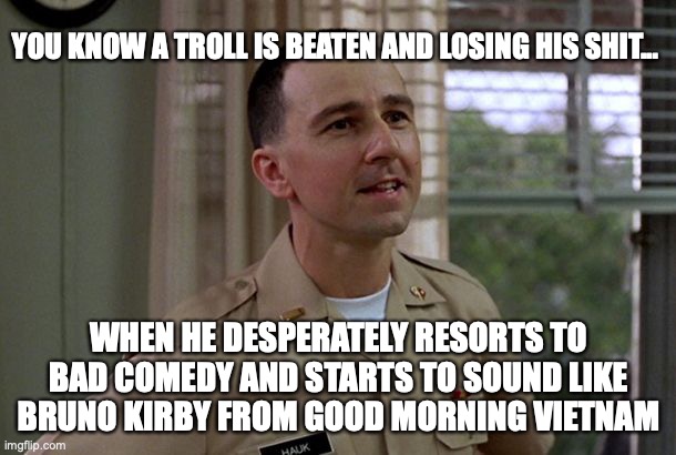 Bruno Kirby | YOU KNOW A TROLL IS BEATEN AND LOSING HIS SHIT... WHEN HE DESPERATELY RESORTS TO BAD COMEDY AND STARTS TO SOUND LIKE BRUNO KIRBY FROM GOOD M | image tagged in bruno kirby | made w/ Imgflip meme maker
