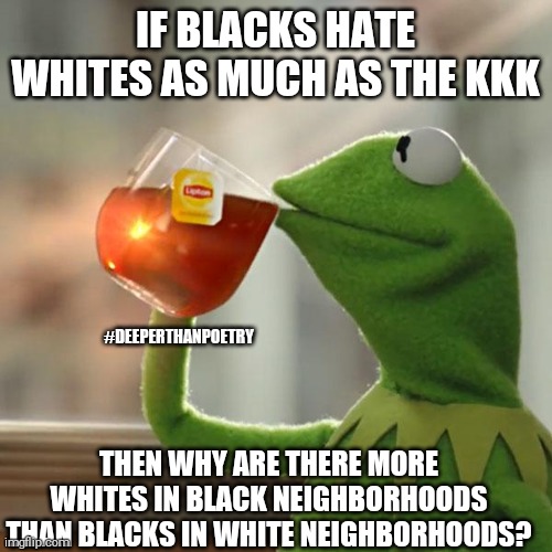 #Blacks #hate #whites | IF BLACKS HATE WHITES AS MUCH AS THE KKK; #DEEPERTHANPOETRY; THEN WHY ARE THERE MORE WHITES IN BLACK NEIGHBORHOODS THAN BLACKS IN WHITE NEIGHBORHOODS? | image tagged in kkk,white people,riots,police brutality,black lives matter,blm | made w/ Imgflip meme maker