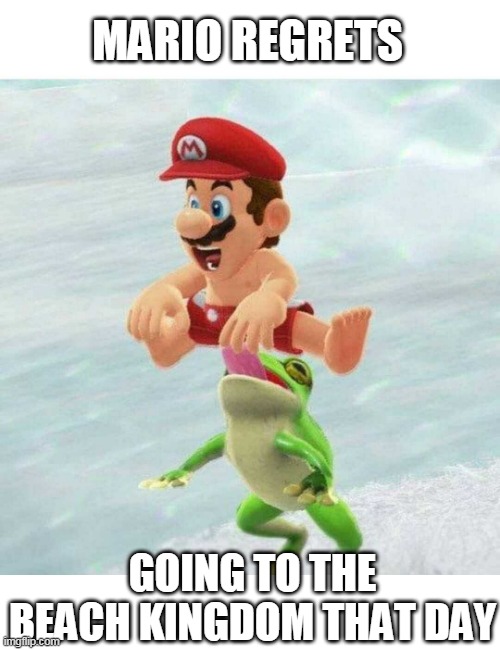 NEVER AGAIN | MARIO REGRETS; GOING TO THE BEACH KINGDOM THAT DAY | image tagged in super mario odyssey,super mario | made w/ Imgflip meme maker