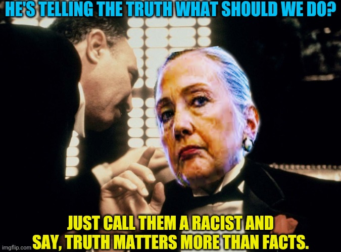 HE'S TELLING THE TRUTH WHAT SHOULD WE DO? JUST CALL THEM A RACIST AND SAY, TRUTH MATTERS MORE THAN FACTS. | made w/ Imgflip meme maker
